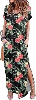 HUSKARY Women's Summer Maxi Dress Casual Loose Pockets Long Dress Short Sleeve Split