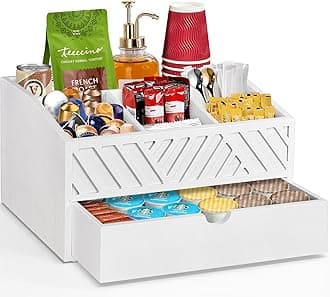 Coffee Bar Organizer Countertop, Wooden Coffee Bar Accessories Organizer With Drawer, Coffee Station Organizer Coffee Pods Holder Storage Basket, Farmhouse Coffee and Tea Condiment Organizer Station