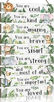 KAIRNE Jungle Animals Hanging Sign, Inspirational Phrases Wall Art for Nursery, Woodland Animals Wooden Sign for Kids Bedroom, Motivational Quotes Wall Plaque
