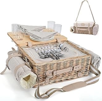 Mutifunctional Wicker Picnic Basket Set for 4 with Blanket and Picnic Table, Insulated Picnic Set with Full Tablewares for Camping Outdoor Couples, Flowers