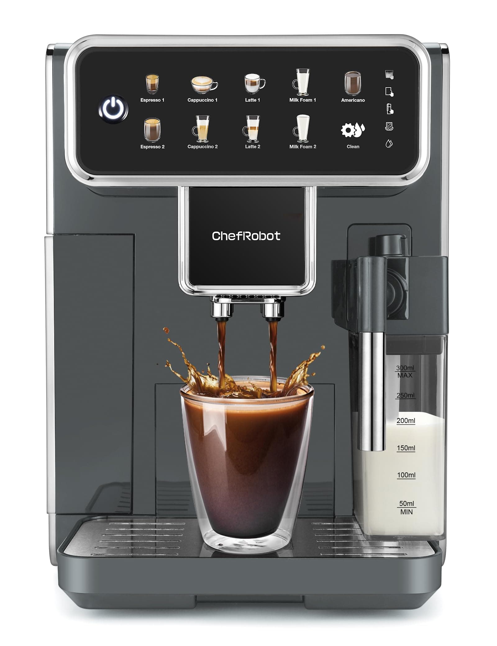 Chef Robot Automatic Espresso Machine, Coffee Machine for 12 Cups with Grinder, Cappuccino Latte Americano Machine with Milk Frother for Home/Office (Grey)