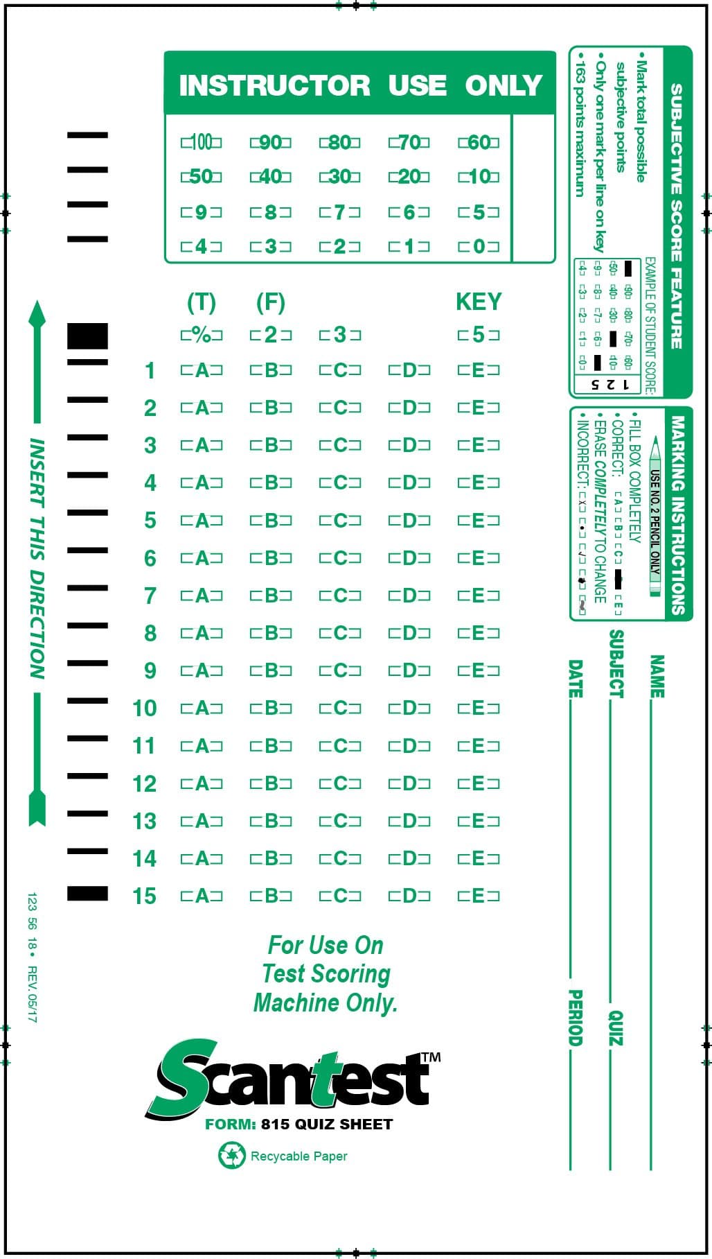 SCANTEST-815 Quiz sheet, 815-E Compatible Test Forms (500/pkg)