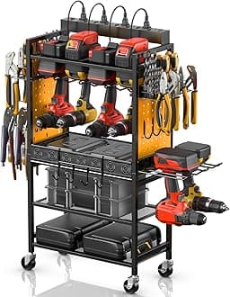 CCCEI Power Tool Organizer Cart with Charging Station, Garage Floor Rolling Storage Cart on Wheels for Mechanic, Mobile 6 Drill, Tool Box Utility Cart with Power Strip, Yellow.