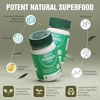 NIUSISE Moringa Powder Capsules, Organic Supplement 800mg Green Superfood from Moringa Leaf, Super Supplement Supports for Energy, Gut & Skin Health, Essential Vitamins, Vegan - 60 Capsules