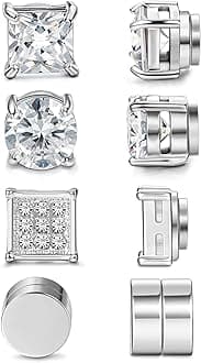 4 Pairs Stainless Steel Magnetic Stud Earrings for Men Women Silver Tone CZ Non-Piercing Clip On Stud Earrings Set 6-8MM