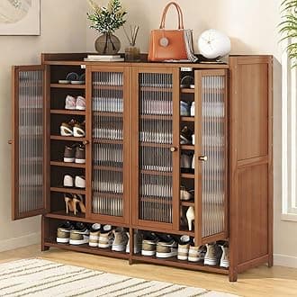 8 Tier Bamboo Shoe Storage Cabinet with Doors, 38-41 Pairs Shoe Rack for Closet, Freestanding Shoe Storage Cabinet for Hallway Living Room (Brown)