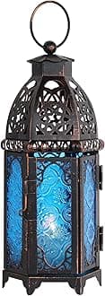 DECORKEY Christmas Lanterns Decorations Indoor & Outdoor, 11’’ Medium Size Vintage Metal Hanging&Tabletop Candle Holder Decor, Halloween Ramadan Decorations for Home Porch Patio(Blue)