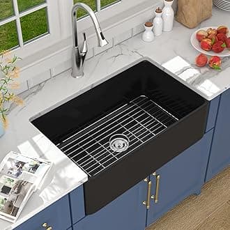 Lordear Matte Black Farmhouse Kitchen Sink 33 Inch Apron-Front Fireclay Porcelain Ceramic Single Bowl Glossy Farm Sink 33x20x10 Inch