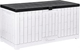 YITAHOME Large Deck Box 120 Gallon Resin Outdoor Storage Box w/Slide-Locking Black Lid, Patio Storage Bin for Outdoor Pillows, Garden Tools and Pool Supplies, Waterproof, Lockable, Grayish-White