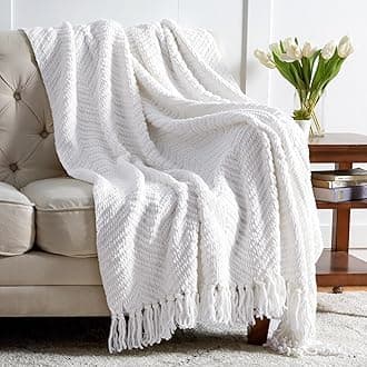 Bedsure White Throw Blankets for Couch - Textured Chunky Knit Woven Chenille Blanket - Super Soft, Warm Decorative Boho Throw with Tassels for Bed, Sofa and Living Room Decor, 50x60 InchesOEKO-TEX STANDARD 100