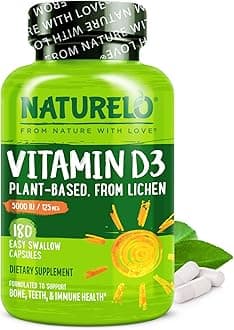 Vitamin D - 5000 IU - Plant Based from Lichen - Natural D3 Supplement for Immune System, Bone Support, Joint Health - High Potency - Vegan - Non-GMO - Gluten Free - 180 Capsules