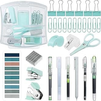 Colarr Mini Office Supply Kit Include Stapler Tape Dispenser Staple Remover Paper Clip Scissor Staple Pen Sharpener Note Small Telescopic Knife for Office Back to School Supplies Student Clerk(Green)