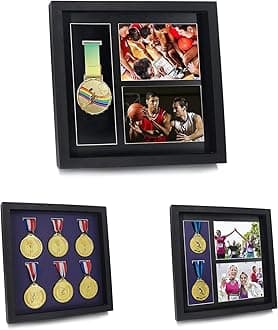 Iheipye Large Medals Display Shadow Box - 6 Medal Display case - Perfect Medal Display for War Military, Runners, Marathon, Race Winner, Football, Gymnastics & All Sports (Black, 12x12)
