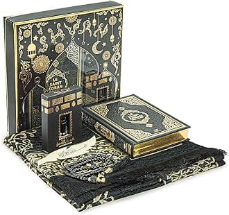 ihvan online Prayer Gift Set for Hajj and Umrah, Muslim Prayer Rug, Prayer Mat, Beads Taasbih, Holy Quran Translated French, Janamaz Salah Mat, Islamic Gift Set for Ramadan & Eid, Black