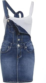 SS7 New Womens Skinny Denim Dungaree Dress, Mid Blue, Sizes 8 to 14