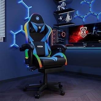 Gaming Chairs for Adults Tall and Kids，Lumbar Support,LED Lights，High Back Reclining Computer Chair with Headrest (Black+Blue)