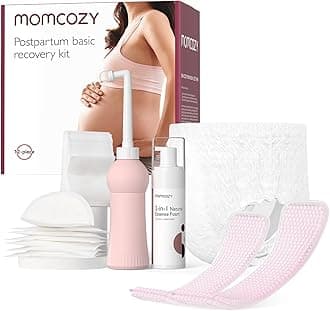 Momcozy Postpartum Recovery Essentials Kit, Labor Delivery Mom Care Kit, Self-Absorbent Disposable Underwear Nipple Nursing Pads Upside Down Peri Bottle Cold Pads Cooling Foam Canvas Bag Set