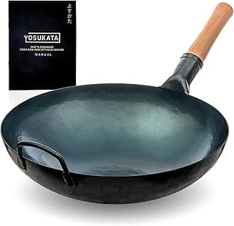 YOSUKATA 36 cm Round Bottom Carbon Steel Wok Pan – Blue Pre-Seasoned Pow Wok for Stir Fry, BBQ, Grill & Camping – Traditional Japanese & Chinese Cookware – Compatible with Gas Stoves & Open Fire Only