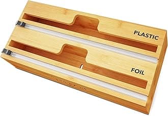 SpaceAid WrapNeat 2 in 1 Wrap Organizer with Cutter and Labels, Plastic Wrap, Aluminum Foil and Wax Bamboo Dispenser for Kitchen Storage Organization Holder for 12" Roll (Natural)