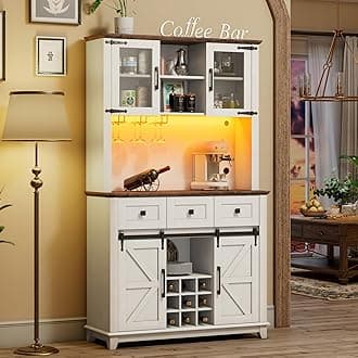 72" Coffee Bar Wine Cabinet with Sliding Barn Door & LED Lights, Sideboard Buffet Cabinet with Wine Bottle Rack, 3 Drawers, Storage Cabinet for Kitchen, Dining Room, White