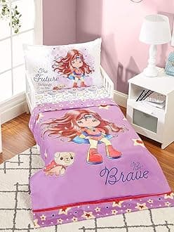 EVERYDAY KIDS Precious Moments Little Dreamers Be Brave 4 Piece Toddler Bedding Set - Includes Comforter, Flat Sheet, Fitted Sheet and Reversible Pillowcase - Girls Superhero