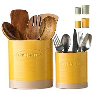 YHOSSEUN Kitchen Utensil Holder Set of 2, Ceramic Utensil Holder for Kitchen Counter, 6.7"+5.1" Cooking Utensil Crocks for Spatula, Oval Opening, Yellow