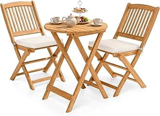 Giantex 3Pcs Patio Bistro Set, Wood Folding Table Set, 2 Cushioned Chairs for Garden Yard, Outdoor Furniture Round Table (Natural & Beige)