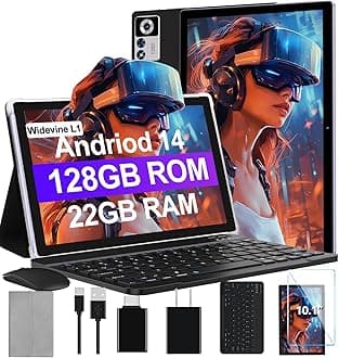 2025 Android 14 Tablet 22GB RAM 128GB ROM 1TB Expand, 10.1 inch 8000mAh Octa-Core Tablet with Keyboard & Mouse, HD IPS Display, 5G Wi-Fi, Bluetooth 5.0, GPS, Widevine L1, Split Screen -Metal Black