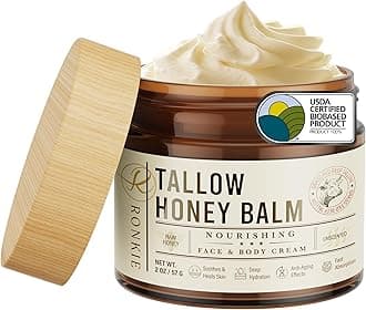 Beef Tallow Skin Care Moisturizer: 100% Grass-Fed Beef Tallow and Raw Honey Balm for Face and Body - Unscented Natural Tallow Face Cream Soft Smooth for Dry Skin and Eczema 2oz