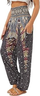 QIANXIZHAN Women's Harem Pants, High Waist Yoga Boho Trousers with Pockets, Black Flower, Large