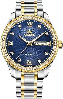 Men's Casual Stainless Steel Watch, Big Face Easy to Read Analog Quartz Watch with Day and Date, Classic Waterproof Diamond Roman Arabic Numerals Dial Dress Watch for Men, Gold Silver Black Band