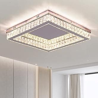 Finktonglan Dimmable Square Crystal LED Flush Mount Ceiling Light, 17.7" Low Profile Chandelier, 56W, Remote, 3000–6500K CCT, K9 Crystal & Stainless Steel for Living/Dining Room