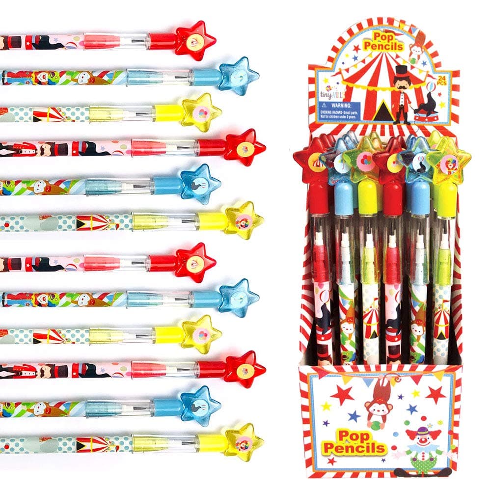 TINYMILLS24 Pcs Circus Carnival Multi Point Stackable Pencil with Eraser for Circus Carnival Birthday Party Favor Prize Carnival Goodie Bag Stuffers