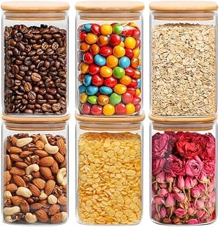 ComSaf 37 oz Glass Storage Containers with Lids, Glass Jars with Lids, Clear Food Jar, Square Canister Set of 6, Pantry Organizers and Storage for Cookie Flour Oat Pasta Tea Coffee Bean