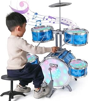 Kids Drum Set for Toddlers with 5 High Drums & Lights (Vibrating-Controlled) & Alloy, Drum Kit Musical Instruments Toys Baby Jazz Drum for Aged 1-3
