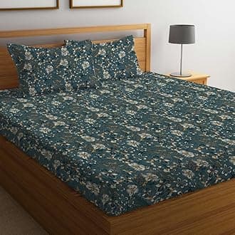 LOOMLYFE Cotton Feel Glace Cotton Elastic Fitted Printed King Size Double Bed Bedsheet with 2 Pillow Covers Fits Upto 8 inches Mattress,Size- 72x78x10 Inches, PeacockSunflower