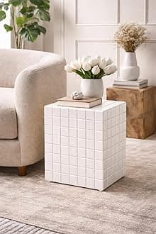 Device Bas with BROWN ART SHOPPEE Tiled Cube Accent Bedside Table Coffee Stand Home Storage Organizer For Living Room Bedroom (White, Engineered Wood)