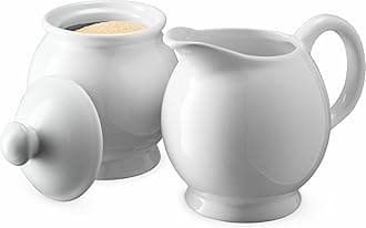 KooK Sugar and Creamer Set, 3 Piece, Pitcher, Sugar Bowl with Lid and Spoon, Sweetener Holder (White (Vintage Design))