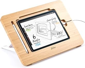 ELETIUO Upgraded Bamboo Wooden Drawing Ipad Holder with Pencil&Charger Cable Slot, Multi-Angle Adjustable Tablet Desktop,Foldable Portable Stand,Compatible with 12.9 inch ipad pro 3rd/4th/ 5th Gen