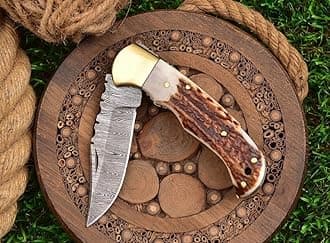 SHARDBLADE Hand Forged Damascus Steel Stag/Antler Folding Knife W/Sheath