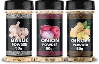 HARIBAS Combo Dry Onion Powder, Garlic Powder and Ginger Powder (Adrak/Sunth) 50gm Each | For Cooking & Baking | Gluten Free Seasoning