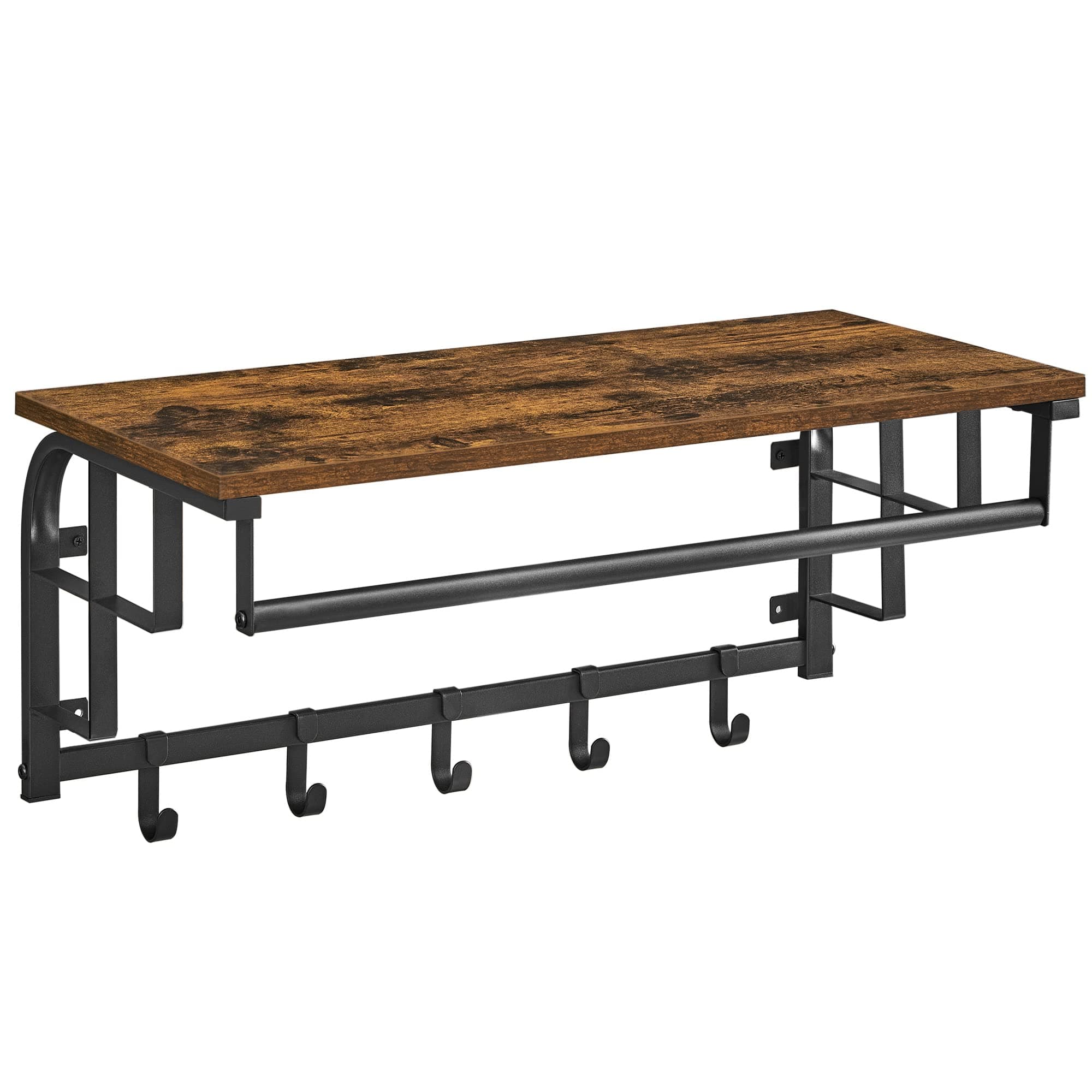 VASAGLE Coat Rack Wall-Mounted, Clothes Rail with 5 Removable Coat Hooks, Floating Shelf with Hanging Rail, for Hallway, Bedroom, Living Room, Rustic Brown and Black LCR12BX