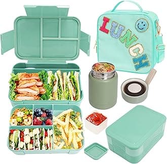 Girl Lunch Bag with 6 Compartment Bento Box with 10oz Thermo- Preppy Green Nylon Insulated Lunch Box Adjustable Strap, Birthday Gift For Girl Kids Teens Travel Picnic School