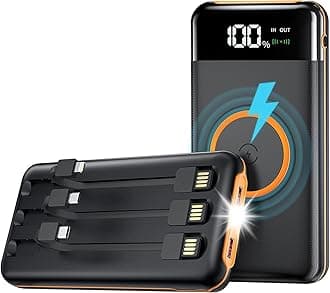 Portable Power Bank Charger,40000mAh Power Bank Flashlight 5V3.1A Fast Charger and Built in Out/Input Cables 10W Wireless Charger for Smart Devices and Cell Phones (Orange)