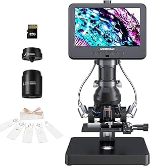 AD266S 20X-5000X HDMI Digital Microscope, 5 Lens 2160P UHD Video Record, 7'' LCD Microscope for Adults Kids, Home Lab Biological Kit with Slides, Coin Full View