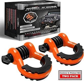 AUTMATCH D Ring Shackle 3/4" Shackles (2 Pack) 41,887Ibs Break Strength with 7/8" Screw Pin and Shackle Isolator Washers Kit for Tow Strap Winch Off Road Vehicle Recovery Orange & Black