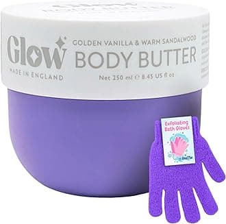 Glow Nourishing Body Butter 250ml & Exfoliating Bath Gloves Set | Firming Moisturiser for Supple & Smooth Skin | Scented Body Cream, Dry Skin, Shower Mitts, UK Made (Golden Vanilla & Warm Sandalwood)