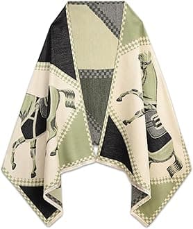 EXTREE Scarfs for Women Pashmina Silky Shawl Wrap for Evening Dressing Blanket Open Front Poncho Cape, Petite, Aag-milk Yellow-black-horse