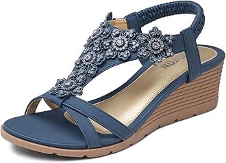 Women's Low Wedge Heels Summer Dressy Platform Sandals Elastic Ankle Strap Open Toe Flower Shoes