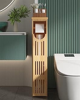 Toilet Paper Storage Cabinet Bamboo, Toilet Paper Holder with Storage for Small Spaces, Slim Bathroom Storage Cabinet, 33x7.3x6.5 Inches